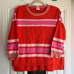 CAbi Coral Knit Sweater with Pink Striped Trim